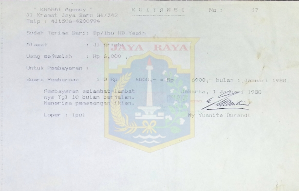 Kuitansi HB Jassin dari Kramat Agency (1 Januari 1988)