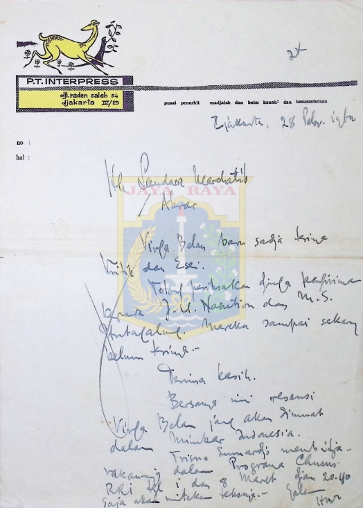 Surat tulisan tangan HB Jassin untuk Abrar (28 Februari 1962)