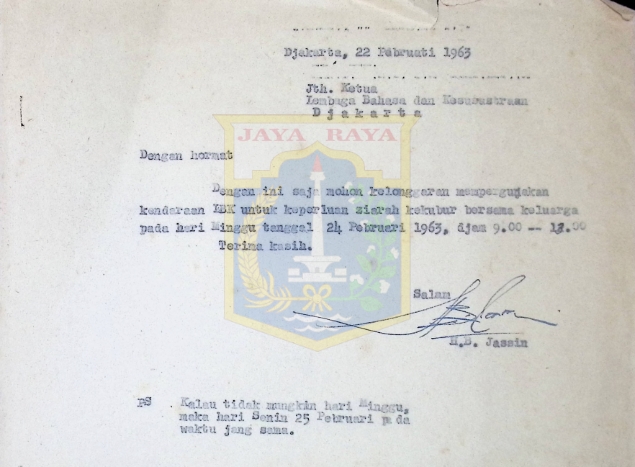 Surat HB Jassin untuk Ketua Lembaga Bahasa dan Kesusastraan (22 Februari 1963)