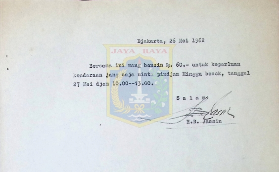 Surat HB Jassin untuk peminjaman kendaraan beserta uang bensin (26 Mei 1962)