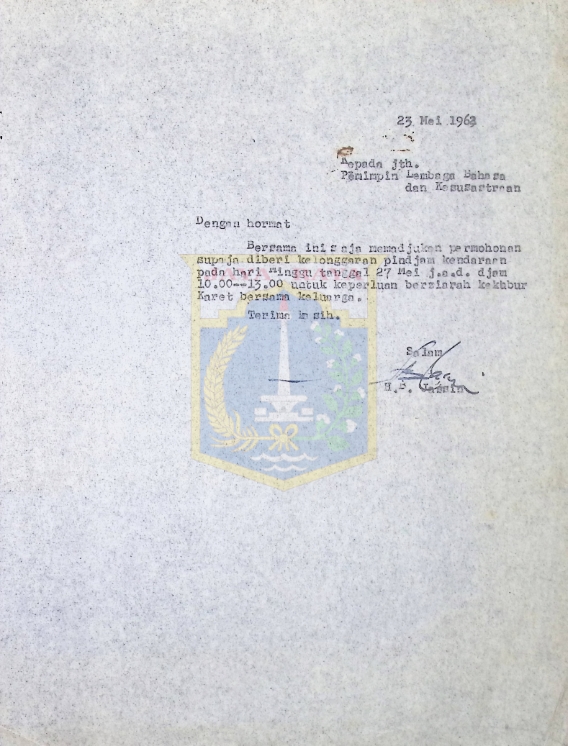 Surat HB Jassin untuk Pemimpin Lembaga Bahasa dan Kesusastraan (23 Mei 1963)