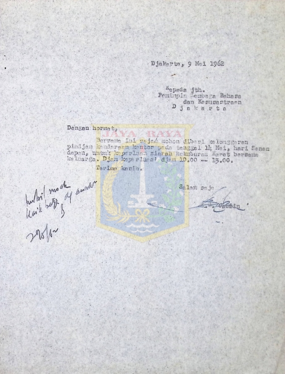 Surat HB Jassin untuk Pemimpin Lembaga Bahasa dan Kesusastraan (9 Mei 1962)