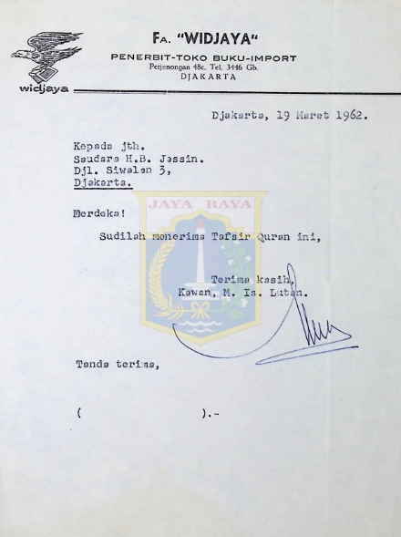 Surat untuk HB Jassin dari M. Is. Lutan (19 Maret 1962)