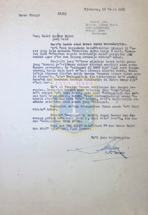 Surat HB Jassin untuk Victor Taidi (26 Maret 1962)