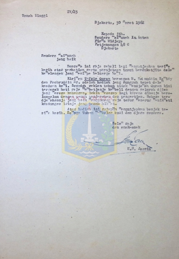 Surat HB Jassin untuk Maimunah Is. Lutan (30 Maret 1962)
