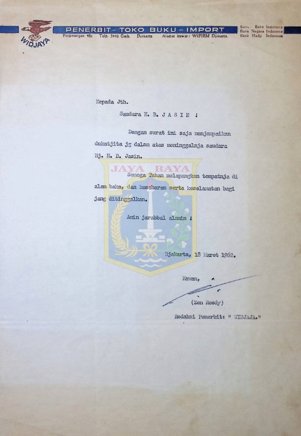 Surat untuk HB Jassin dari Zen Rosdy (18 Maret 1962)