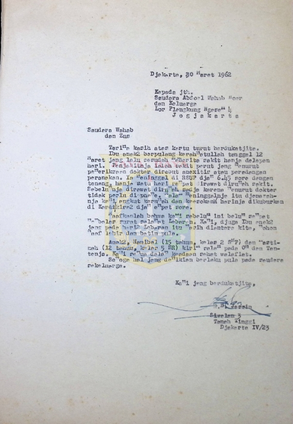 Surat HB Jassin untuk Abdoel Wahab Noer (30 Maret 1962)