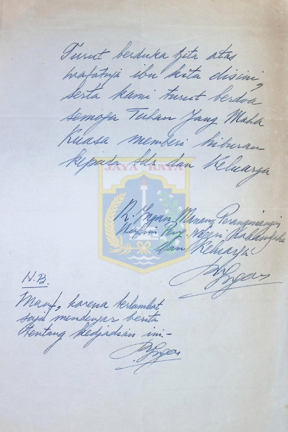 Surat ucapan duka cita untuk keluarga HB Jassin
