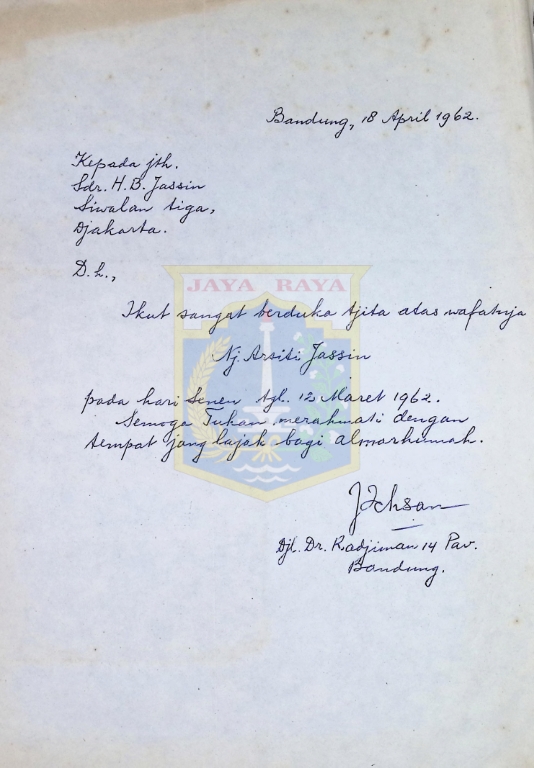 Surat ucapan duka cita untuk keluarga HB Jassin dari J. Ichsan (18 April 1962)