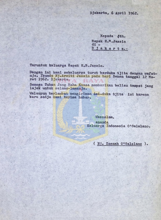 Surat ucapan duka cita untuk keluarga HB Jassin dari Nj. Zaenah O'Galelano (6 April 1962)