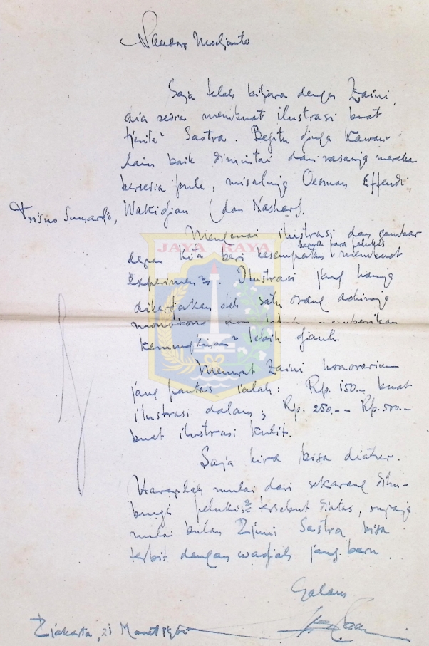 Surat tulisan tangan HB Jassin untuk Moeljanto (21 Maret 1962)