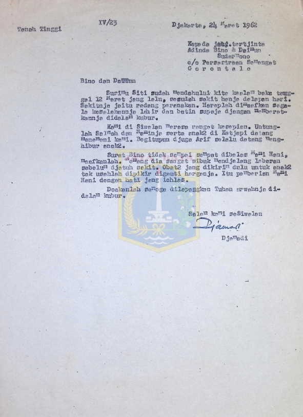 Surat untuk Bino dan Daimun dari Djamadi (24 Maret 1962)