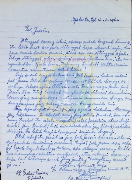 Surat ucapan duka cita untuk keluarga HB Jassin dari A. Rahim Mufty (12 Maret 1962)
