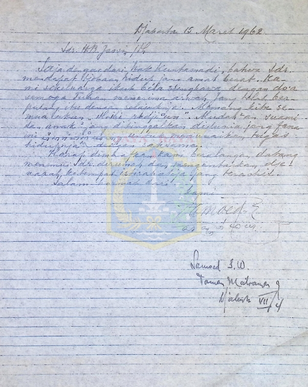Surat ucapan duka cita untuk keluarga HB Jassin dari Samoed (15 Maret 1962)