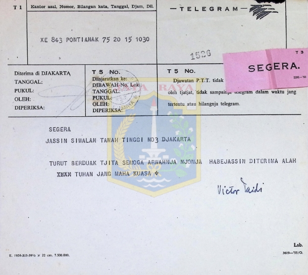 Surat ucapan duka cita untuk keluarga HB Jassin dari Victor Taidi
