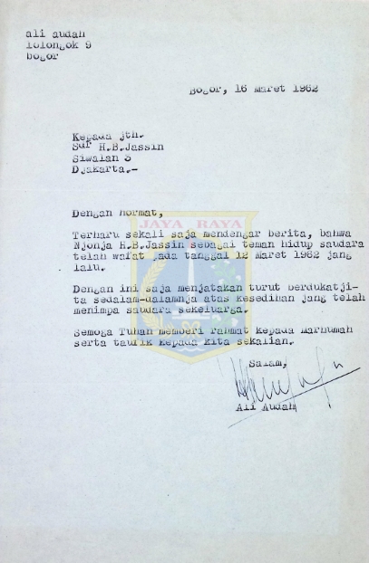 Surat ucapan duka cita untuk keluarga HB Jassin dari Ali Audah (16 Maret 1962)