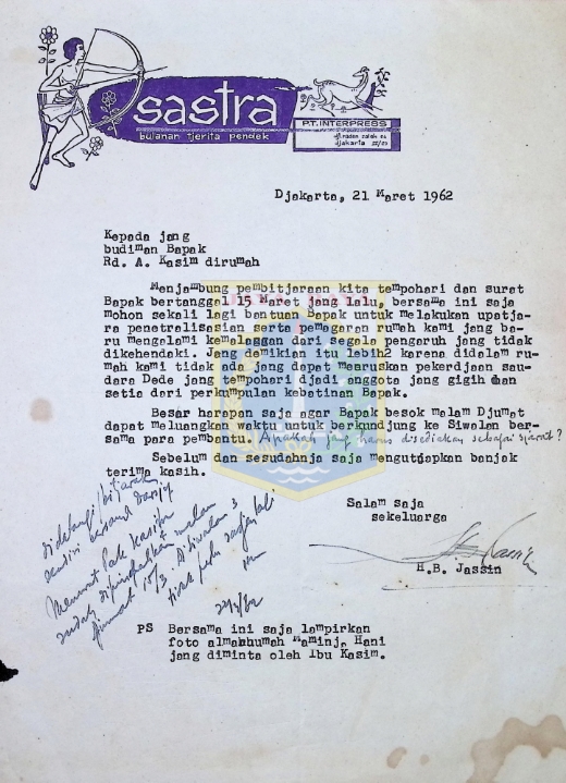 Surat HB Jassin untuk Rd. A. Kasim (21 Maret 1962)