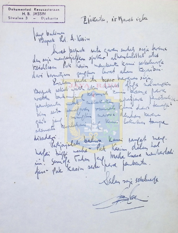 Surat tulisan tangan HB Jassin untuk Rd. A. Kasim (15 Maret 1962)