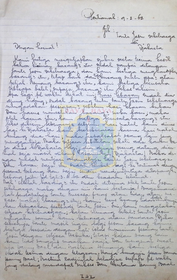 Surat tulisan tangan Saidi untuk Tante Jassin Sekeluarga (9 Februari 1962)