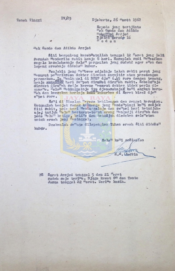 Surat HB Jassin untuk Mak Ganda dan Adikda Arsjad (26 Maret 1962)