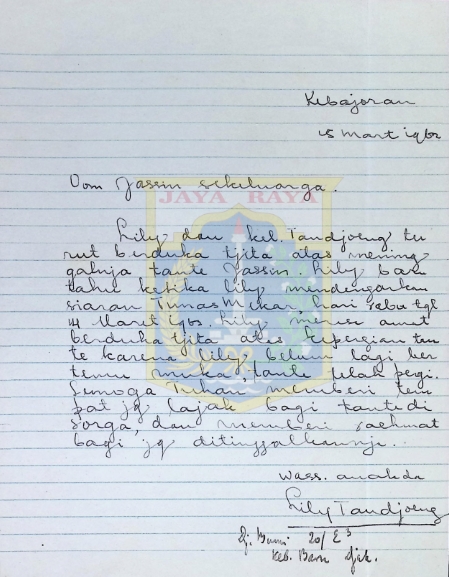 Surat tulisan tangan Lily Tanjoeng untuk Oom Jassin (15 Maret 1962)