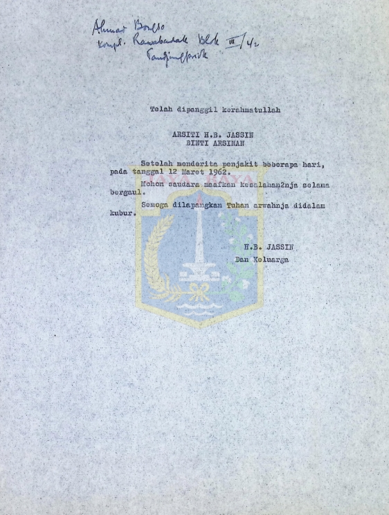 Surat-surat berita kematian istri HB Jassin (12 Maret 1962)