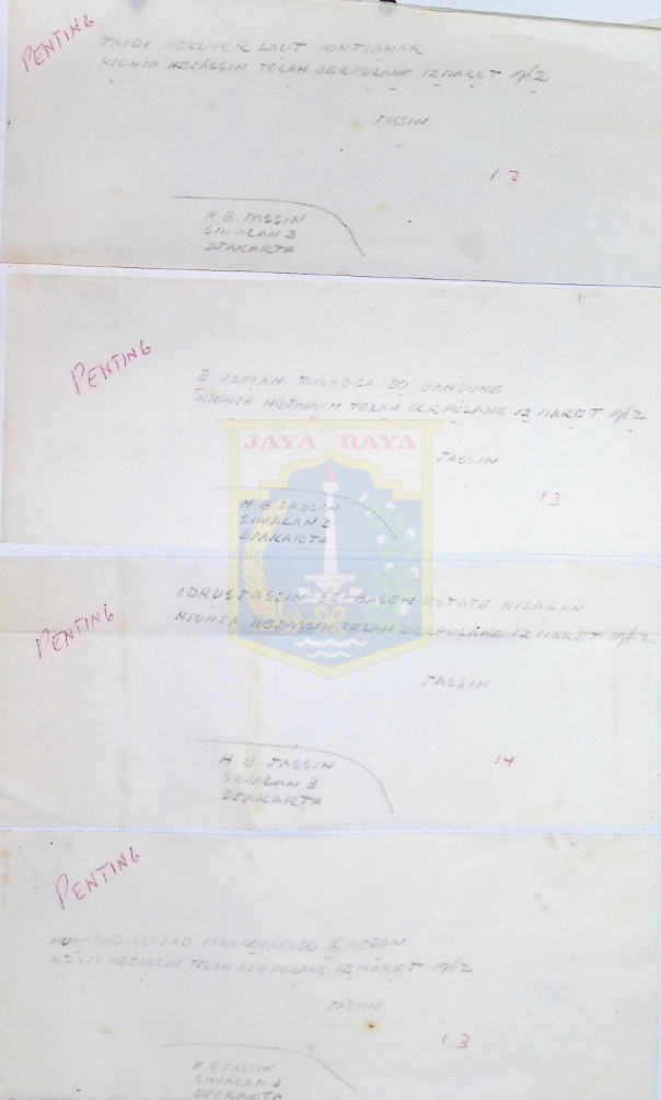 Surat-surat berita kematian istri HB Jassin untuk keluarga