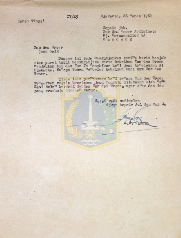Surat HB Jassin untuk Zus dan Broer Ardiwinata (26 Maret 1962)