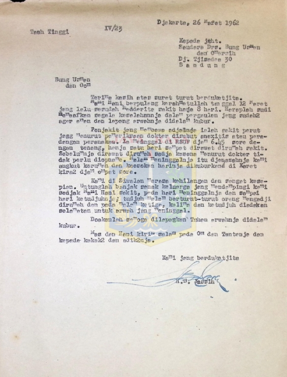 Surat HB Jassin untuk Bung Usman dan Omarsih (26 Maret 1962)