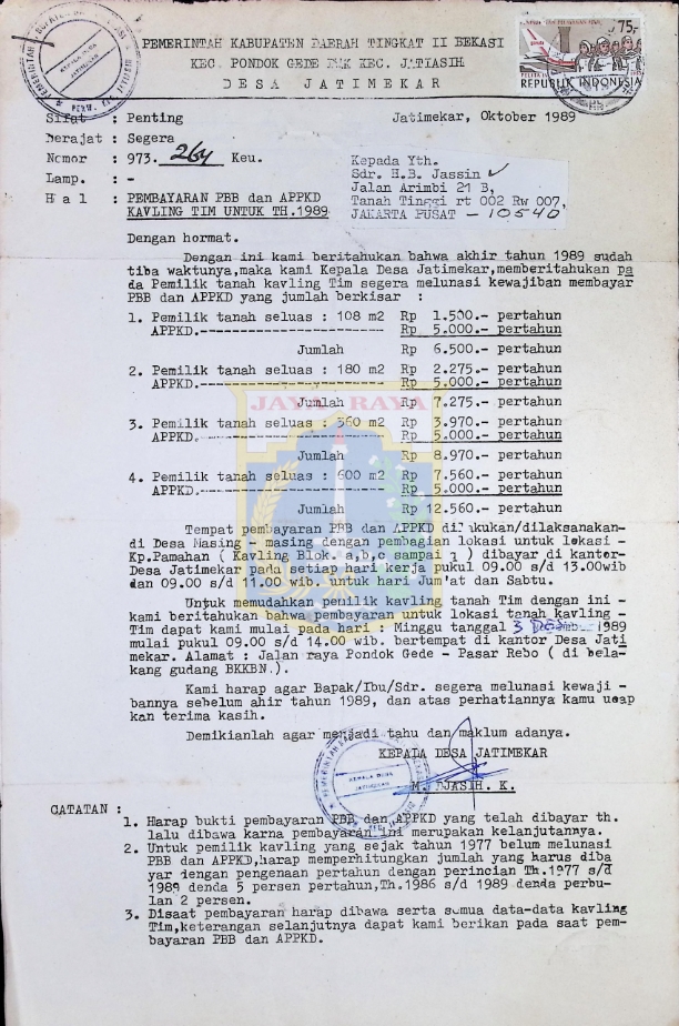 Surat perihal pembayaran PBB dan APPKD kavling TIM untuk th. 1989 (Oktober 1989)