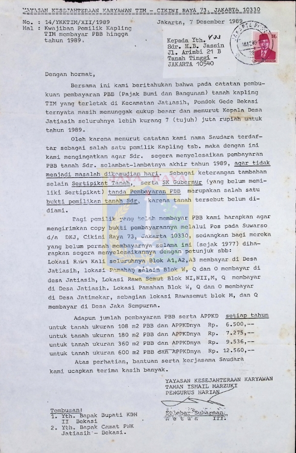 Surat perihal kwajiban pemilik kapling TIM membayar PBB hingga tahun 1989 (7 Desember 1989)