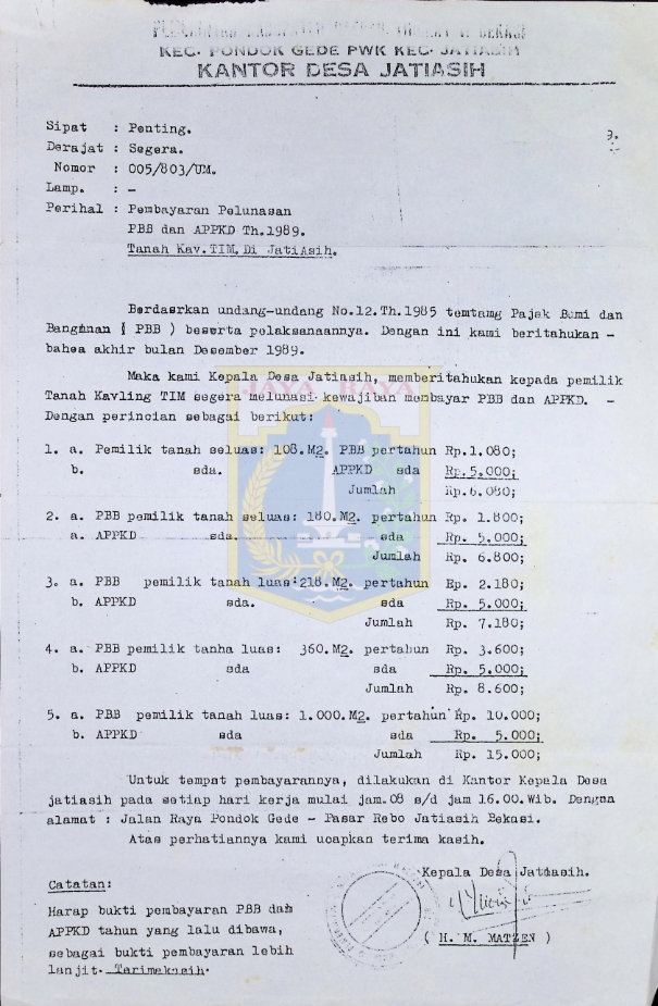 Surat perihal pembayaran pelunasan PBB dan APPKD th. 1989 tanah kavling TIM di Jatiasih (7 Desember 1989)