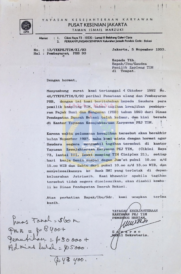 Surat perihal pembayaran PBB 93 (5 November 1993)