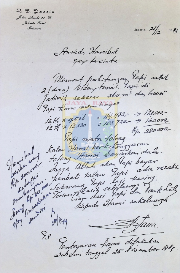 Surat tulisan tangan HB Jassin untuk Ananda Hannibal (21 Desember 1989)