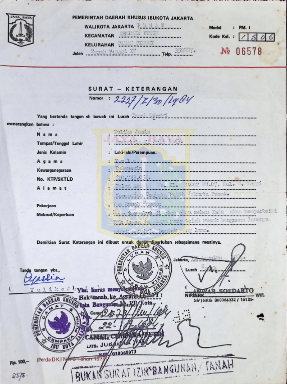 Surat keterangan izin Yuliko Jassin (23 Agustus 1984)