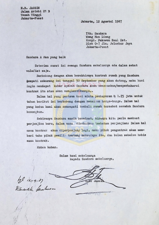 Surat HB Jassin untuk Wong Man Liong (12 Agustus 1987)