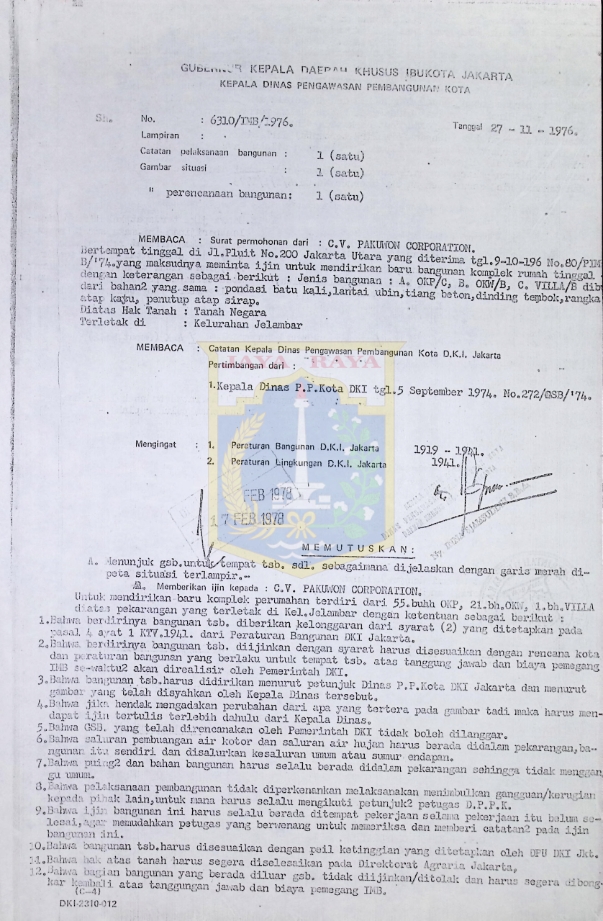 Surat perencanaan bangunan (27 November 1976)