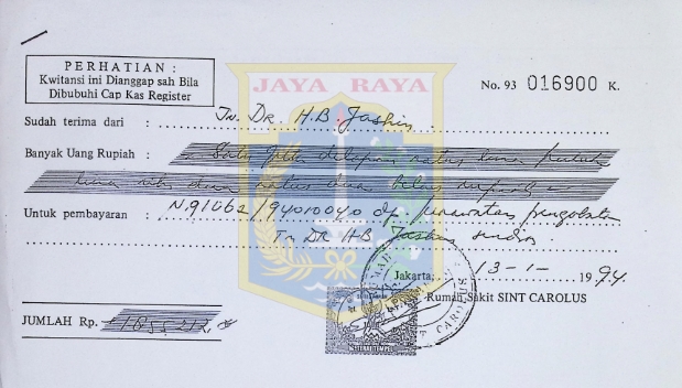 Kwitansi HB Jassin dari rumah sakit Sint Carolus (13 Januari 1994)