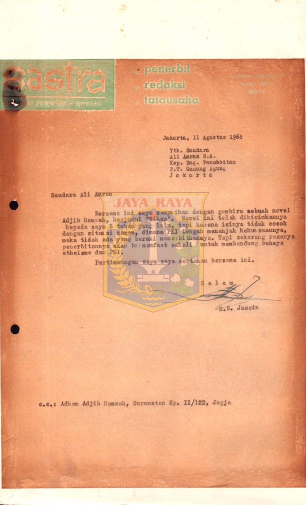 Surat dari H. B. Jassin untuk Ali Amran
