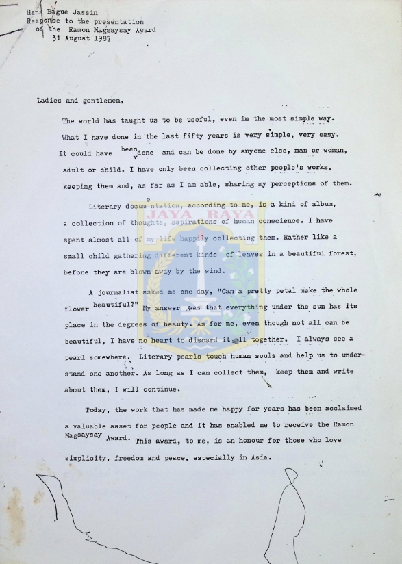 Hans Bague Jassin response to the presentation of the Ramon Magsaysay Award 31 Agustus 1987