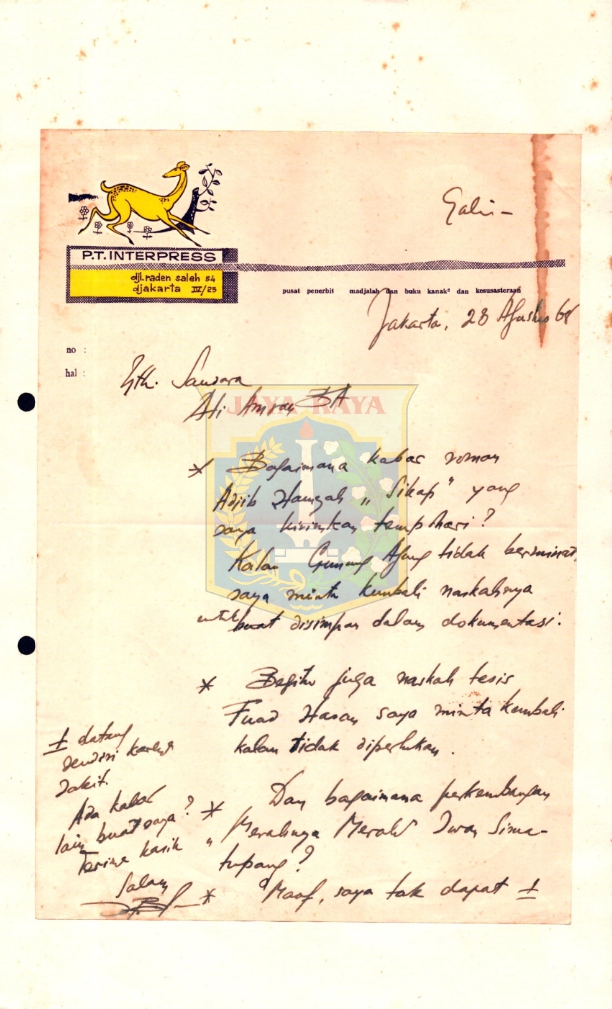 Surat dari H. B. Jassin untuk Ali Amran
