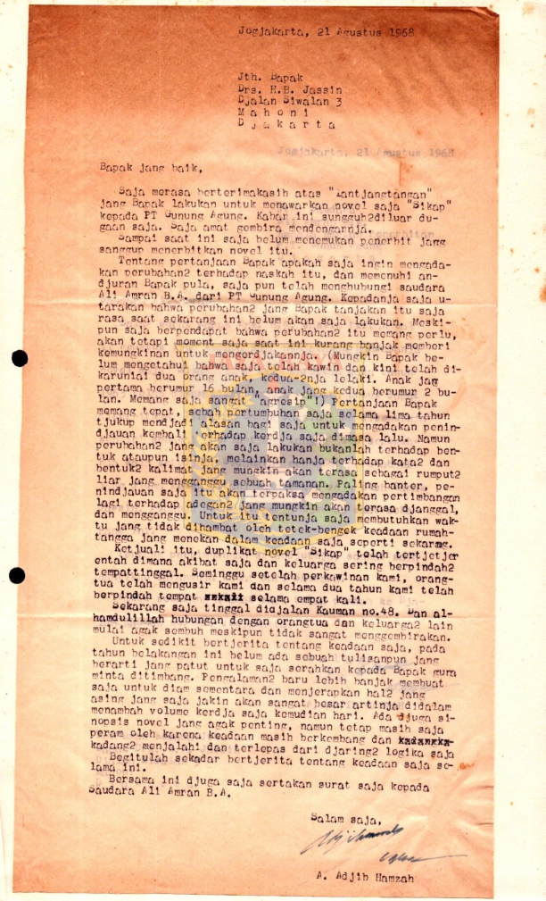 Surat dari Adjib Hamzah untuk H. B. Jassin
