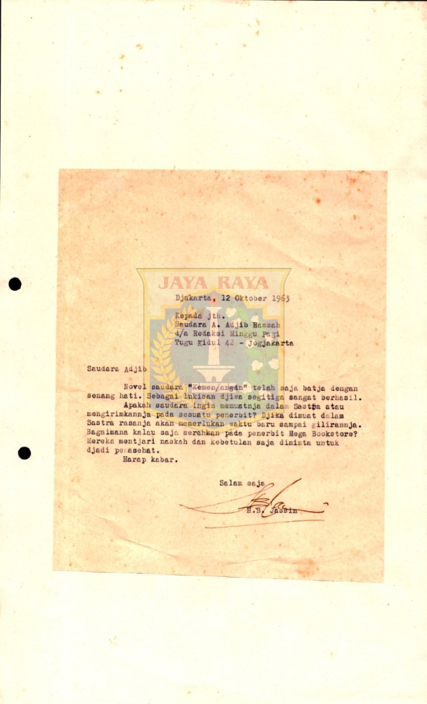 Surat dari H. B. Jassin untuk Adjib Hamzah