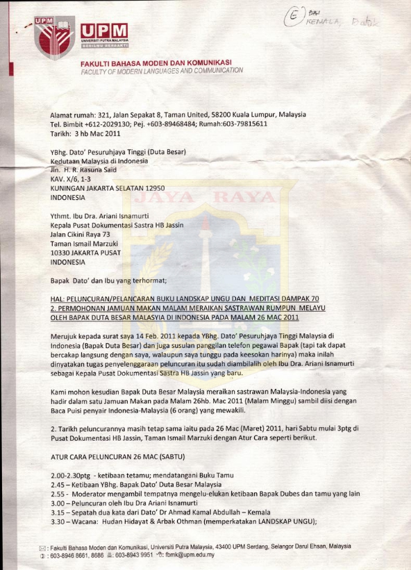 Surat dari Dato Dr Ahmad Kamal bin Abdullah kepada Dra Ariani Isnamurti