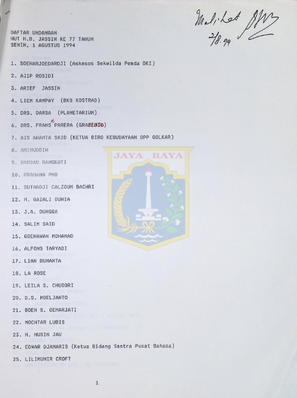 Daftar undangan HUT H.B. Jassin ke 77 tahun (1 Agustus 1994)