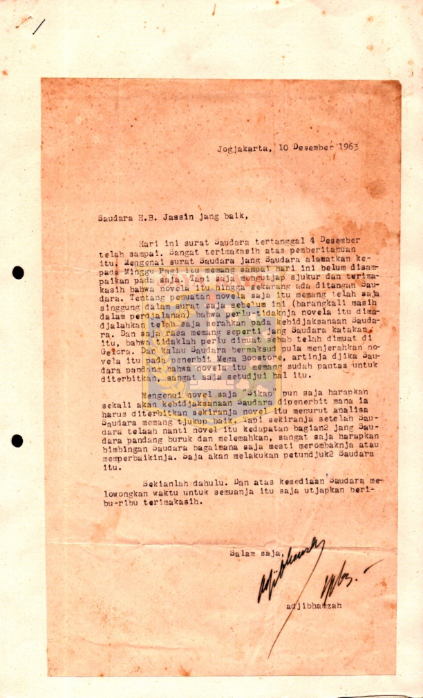 Surat dari Adjib Hamzah kepada H. B. Jassin