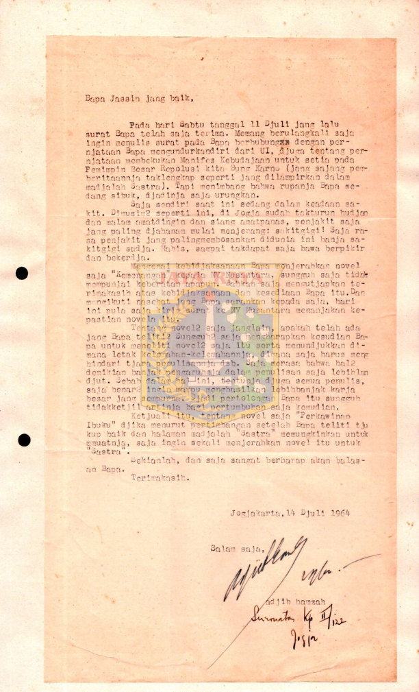 Surat dari Adjib Hamzah kepada H. B. Jassin