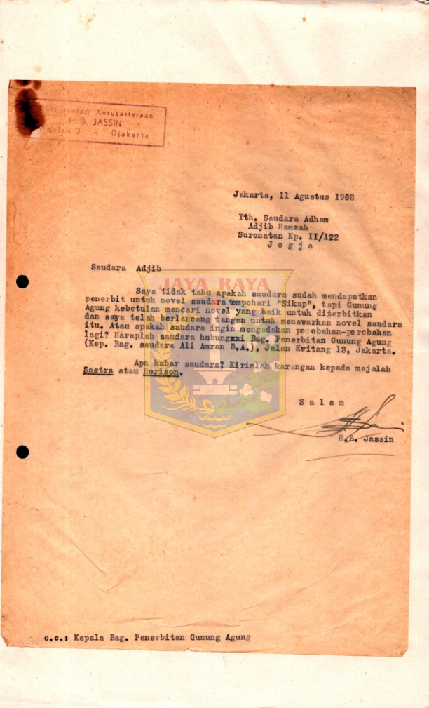 Surat dari H. B. Jassin untuk Adjib Hamzah