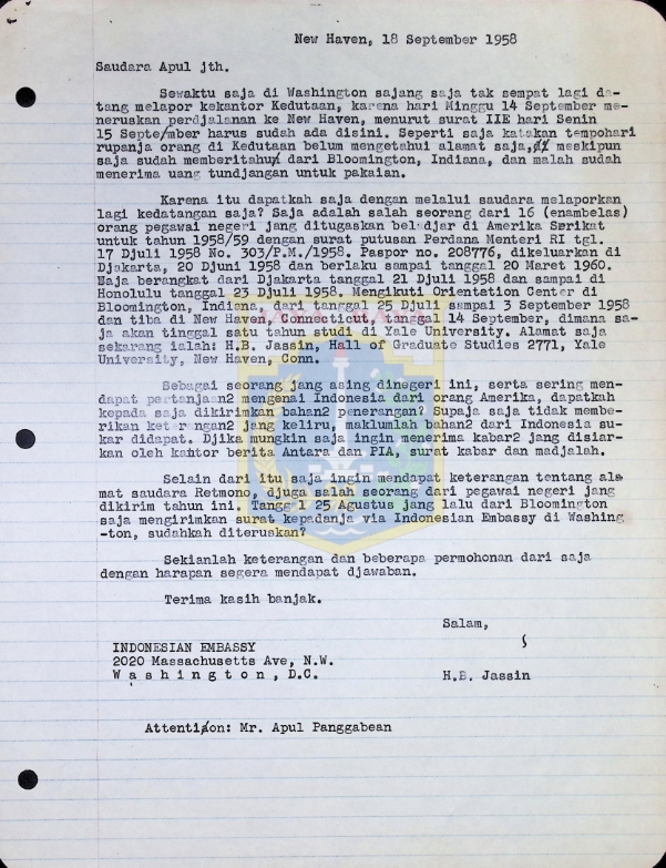 Surat HB Jassin untuk Saudara Apul (18 September 1958)
