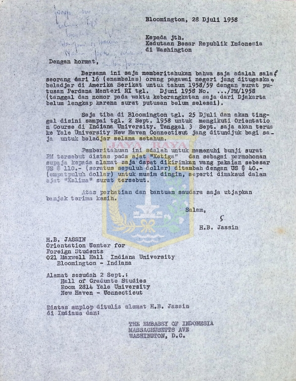 Surat HB Jassin untuk Kedutaan Besar Republik Indonesia (28 Juli 1958)